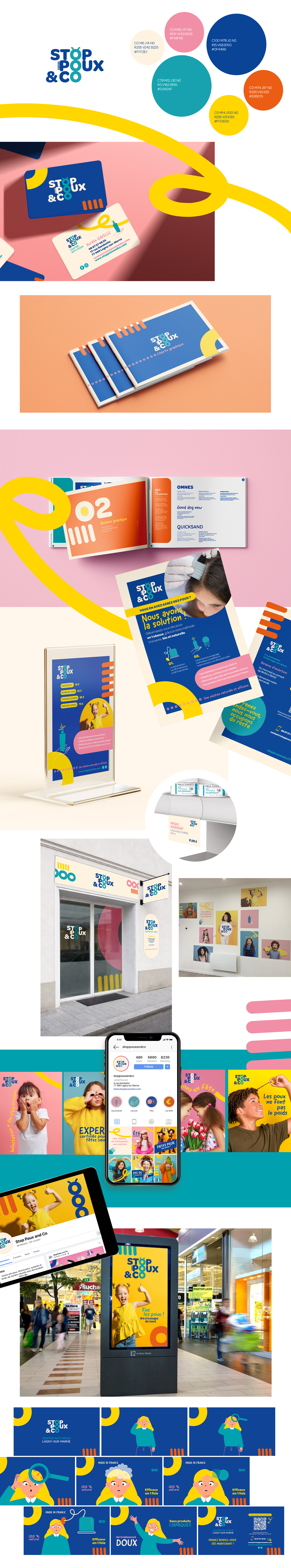 Identité visuelle complète créée pour un salon anti-poux comprenant le logo, la charte graphique et les supports de communication, avec un univers rassurant et professionnel destiné aux familles.